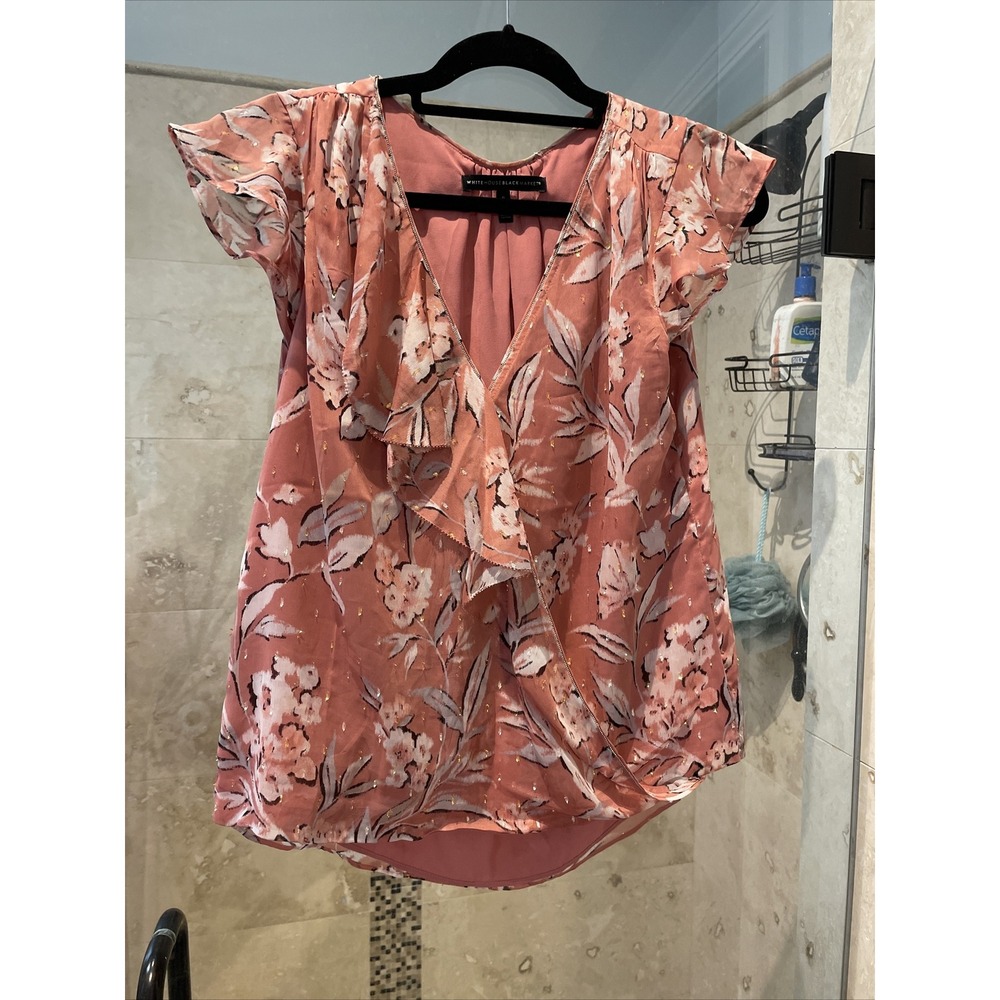 White House Black Market Pink Floral Chiffon Metallic Flutter Sleeve Wrap Top 6